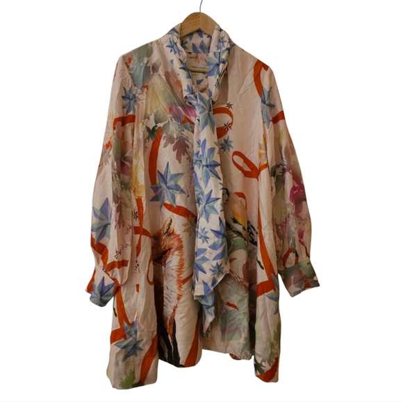 ANTHROPOLOGIE x MAEVE Fox & Bird Print Tie Neck Mini Dress - Size Medium - Picture 2 of 10